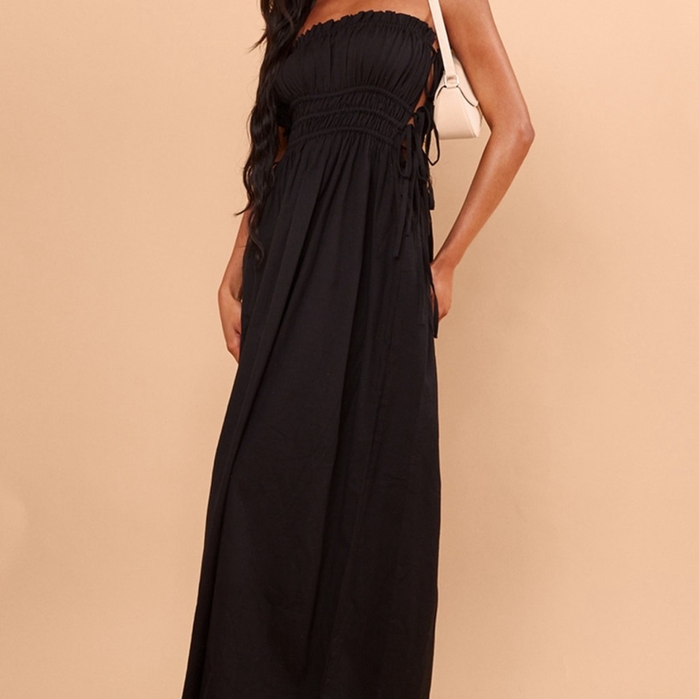 PRETTYLITTLETHING Black Linen Look Elastic Tie Bow Maxi Dress